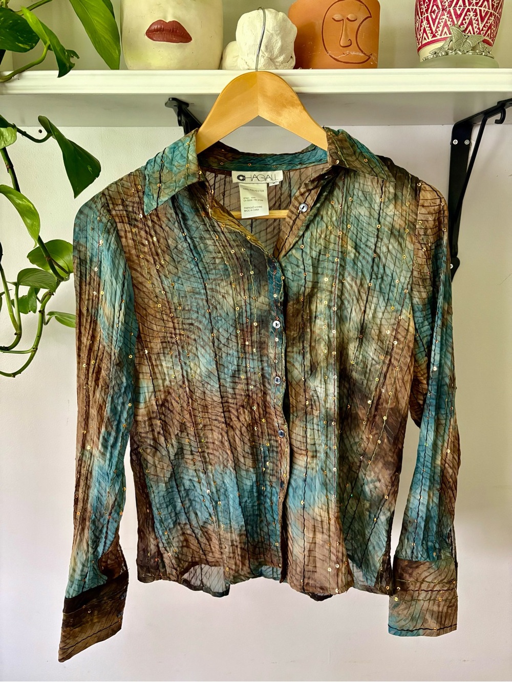 Oigan Button-Front Long Sleeve Blouse in Teal & Brown